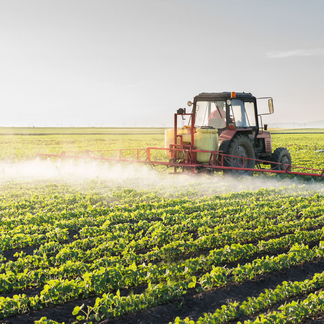 Tractor spraying soybean field